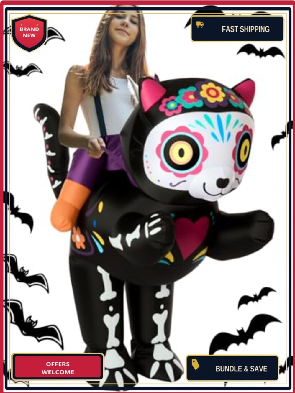 Inflatable Skeleton Cat Halloween Costume Adult Blow Up Suit Polyester